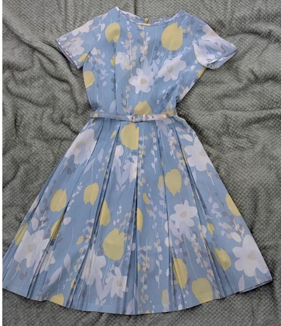 Toni Todd Dresses & Skirts - Vintage 50s Floral Pleated Day Dress Belted Cottagecore Blue Toni Todd 10